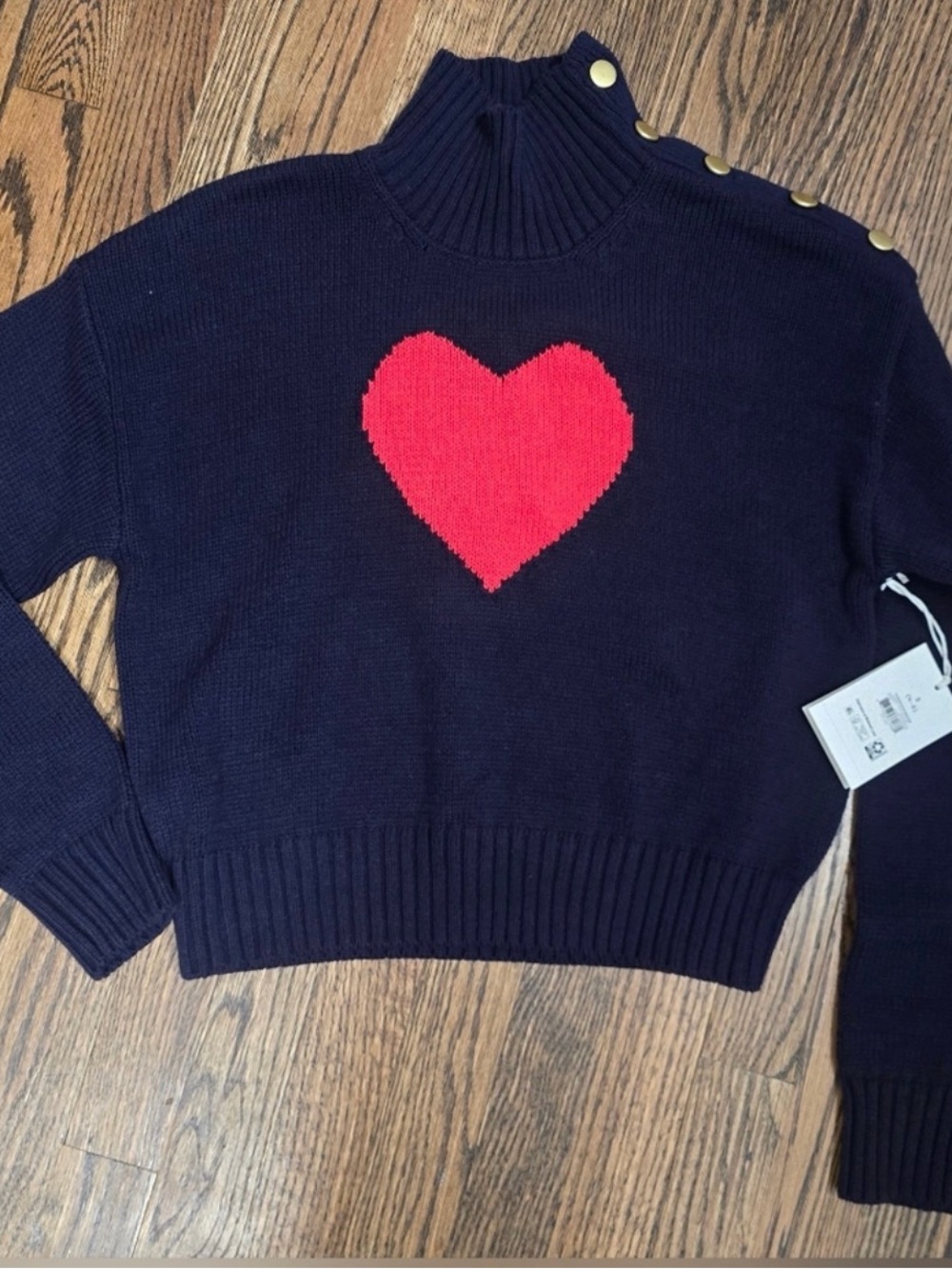 🇺🇸NWT -Free Assembly Women's Mock Neck Button Sweater--Navy/Red Heart--L
